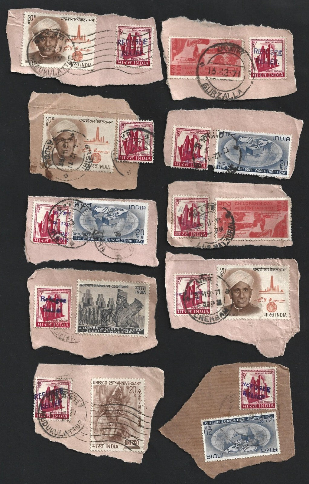 India 1971 Refugee Relief rubberstamp ovpts on pieces 19 pic LARGE COLLECTION