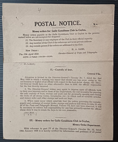India POSTAL NOTICE 17-4-30 Moner Order for Galle Gyamkhana Club + CIRCULAR #2