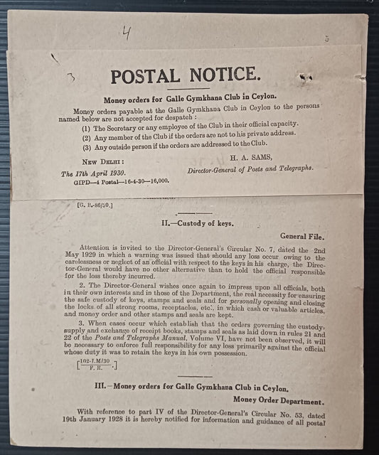India POSTAL NOTICE 17-4-30 Moner Order for Galle Gyamkhana Club + CIRCULAR #2