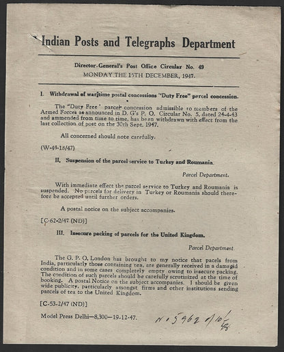 India POSTAL NOTICE No. 47 15th December 1947 Multiple Topics + CIRCULAR No. 49