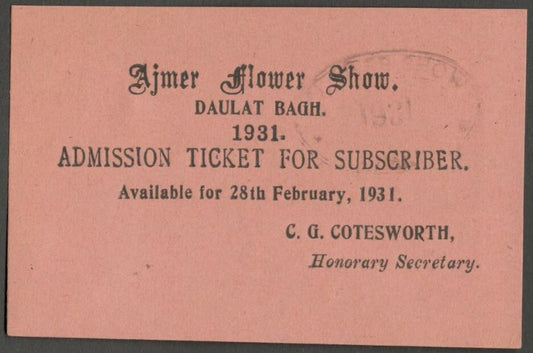 AOPIMT India 1931 AJMER FLOWER SHOW Admission ticket