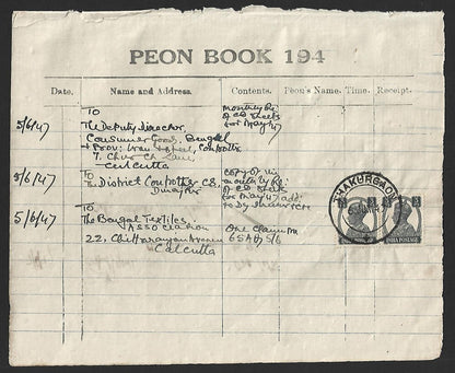 India KGVI 3p pair on PEON LIST canc THAKURGAON (Dinajpur) 6 JUN 47