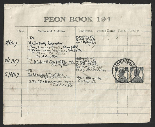 India KGVI 3p pair on PEON LIST canc THAKURGAON (Dinajpur) 6 JUN 47