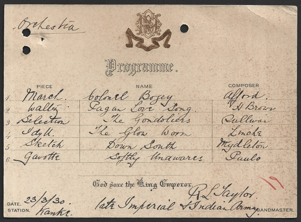 India 1930 crested Orchestra Programme Kanker, Bastar