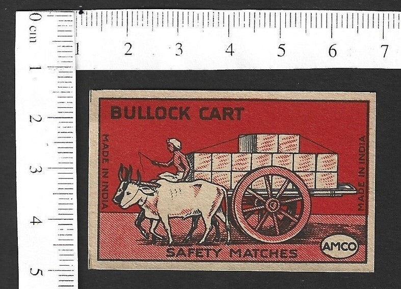 India vintage AMCO matchbox label - BULLOCK CART