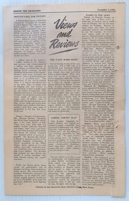 AOP India 1944 WW2 Propaganda rag BEHIND THE HEADLINES THE X-RAY BOMB SIGHT 8pgs