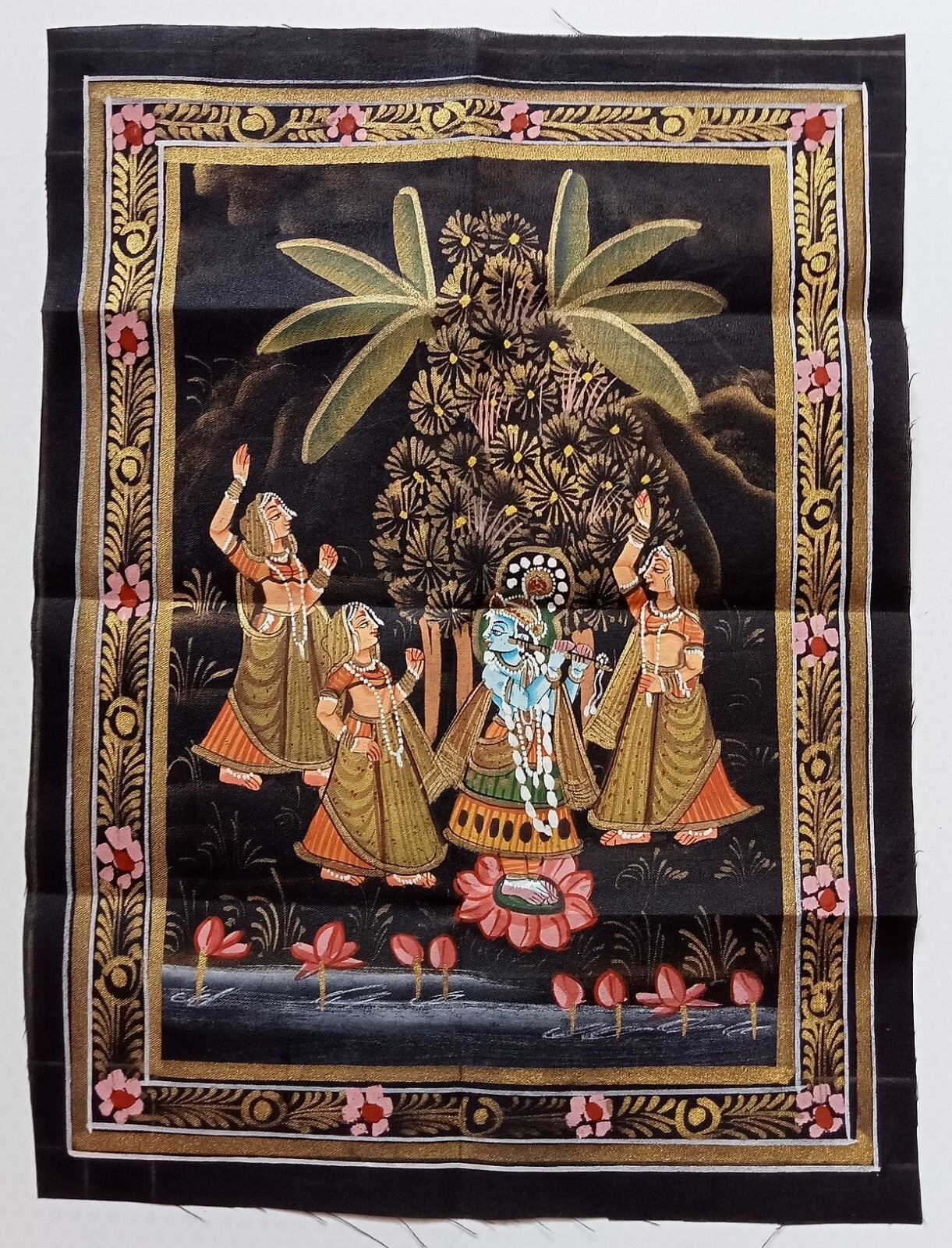 India vintage hand painting on cloth KRISHNA & 3 GOPIS 9 x 13 inches