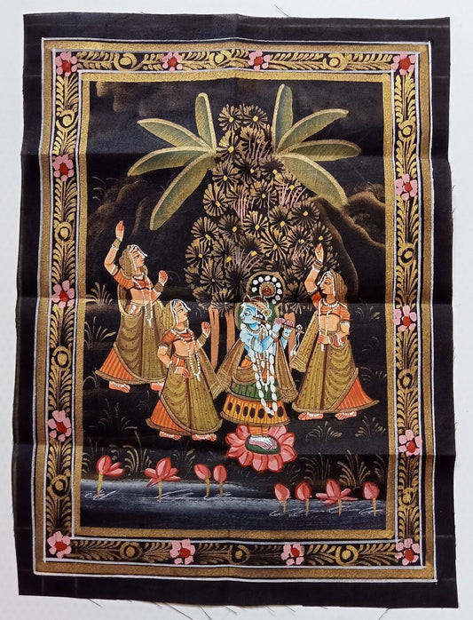 India vintage hand painting on cloth KRISHNA & 3 GOPIS 9 x 13 inches