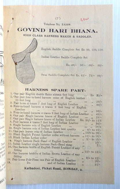India 1930s advertiement brochure HORSE HARNESS SADDLES MOTOR PARTS