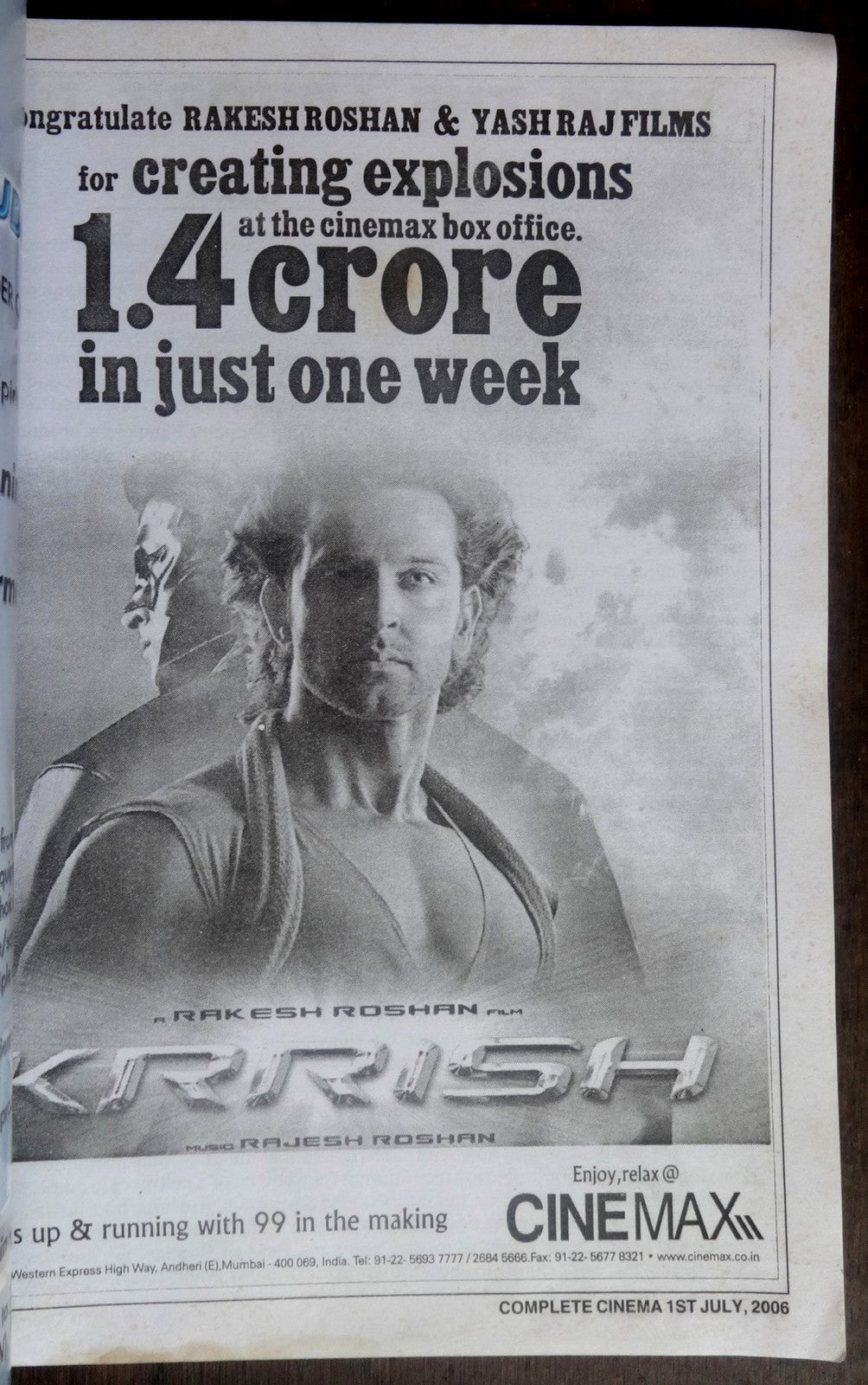 Bollywood Trade magazine COMPLETE CINEMA 21 July 2006 Hritik Roshan KRRISH cover