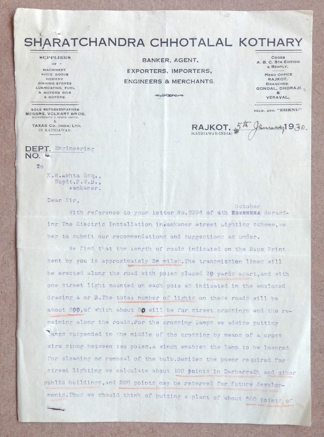 India 1930 Rajkot designs & letters re: introduction of Electric Street Lighting