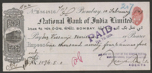 AOP National Bank of India Ltd., Bombay 1909 check cheque