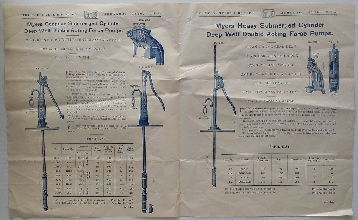 India 1938 Myers Deep Well Pumps advertisement / price list