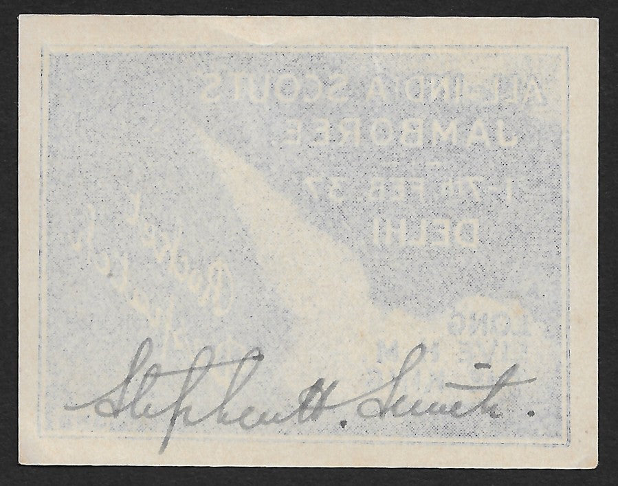 India 1937 All India Scouts Jamboree blue rocket label signed on the back