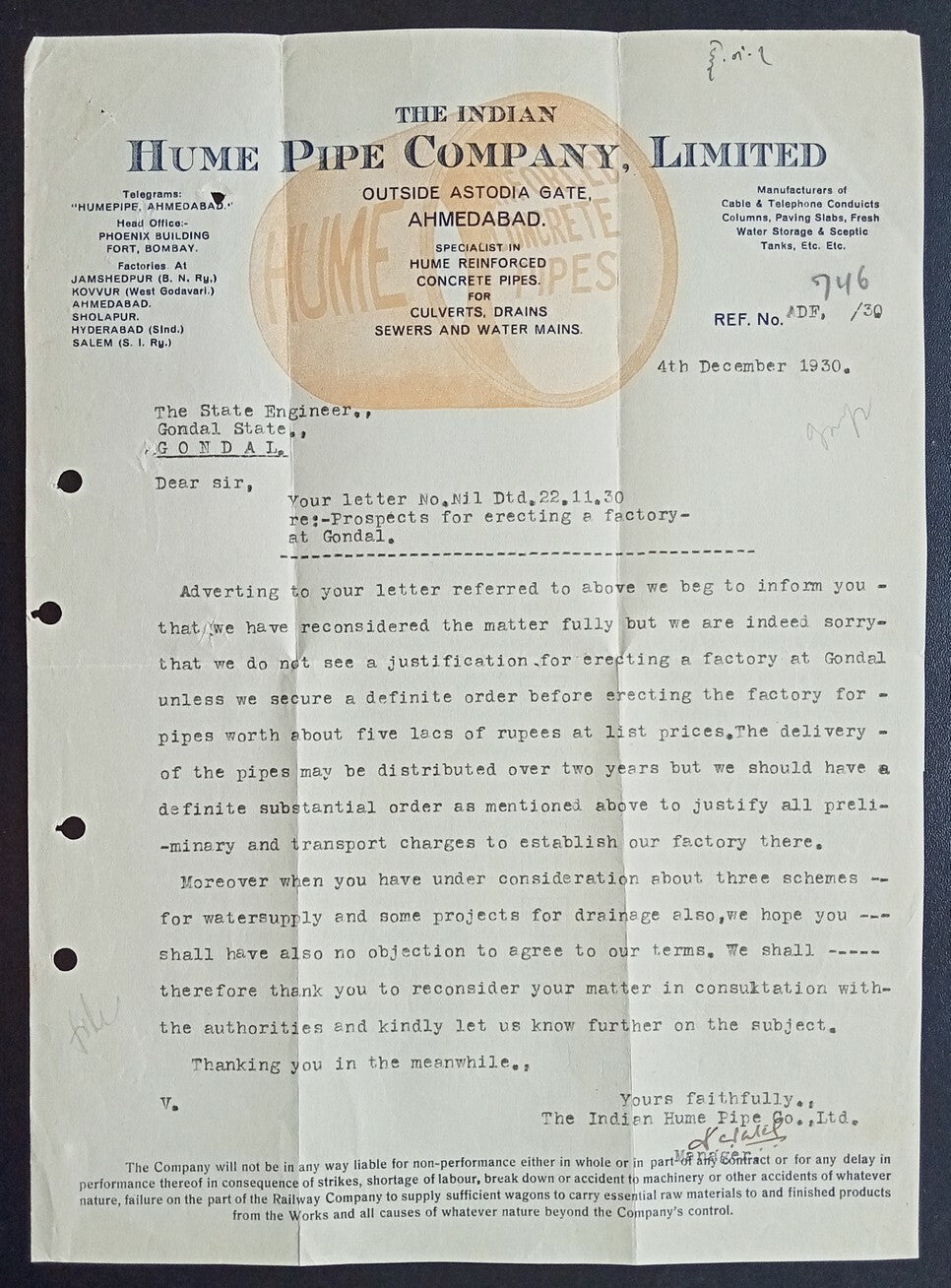 AOP India 1930 illustrated letterhead HUME PIPE COMPANY Ahmedabad