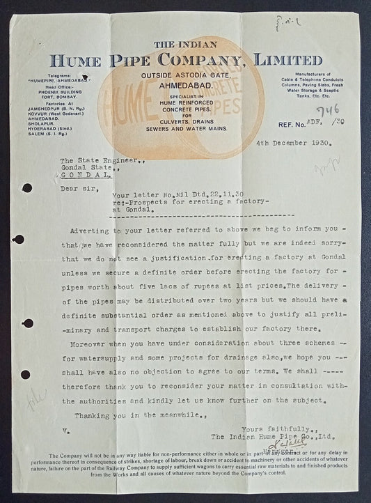 AOP India 1930 illustrated letterhead HUME PIPE COMPANY Ahmedabad