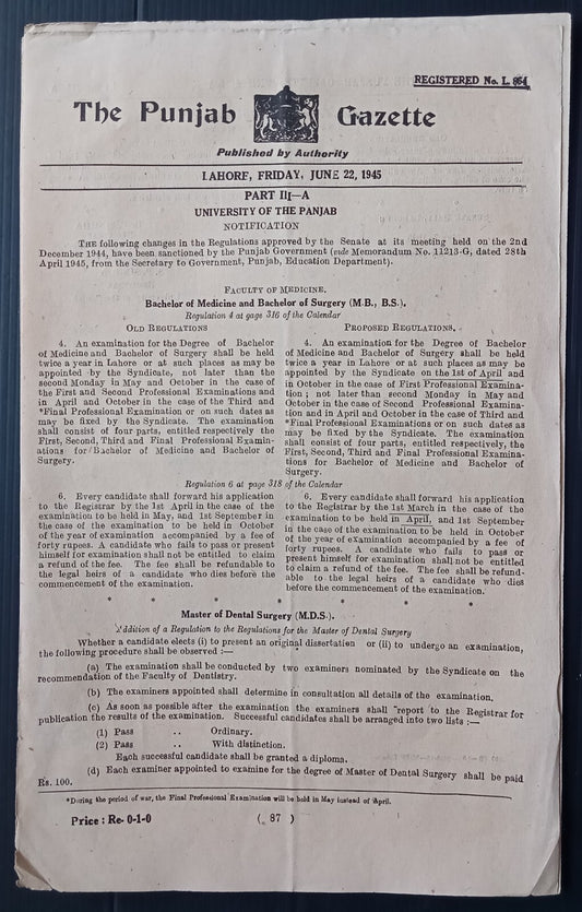 THE PUNJAB GAZETTE, Lahore, India June 22, 1945 issues (4)