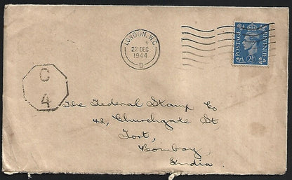 GB WW2 1944 censored cover London W.C. to Bombay, India