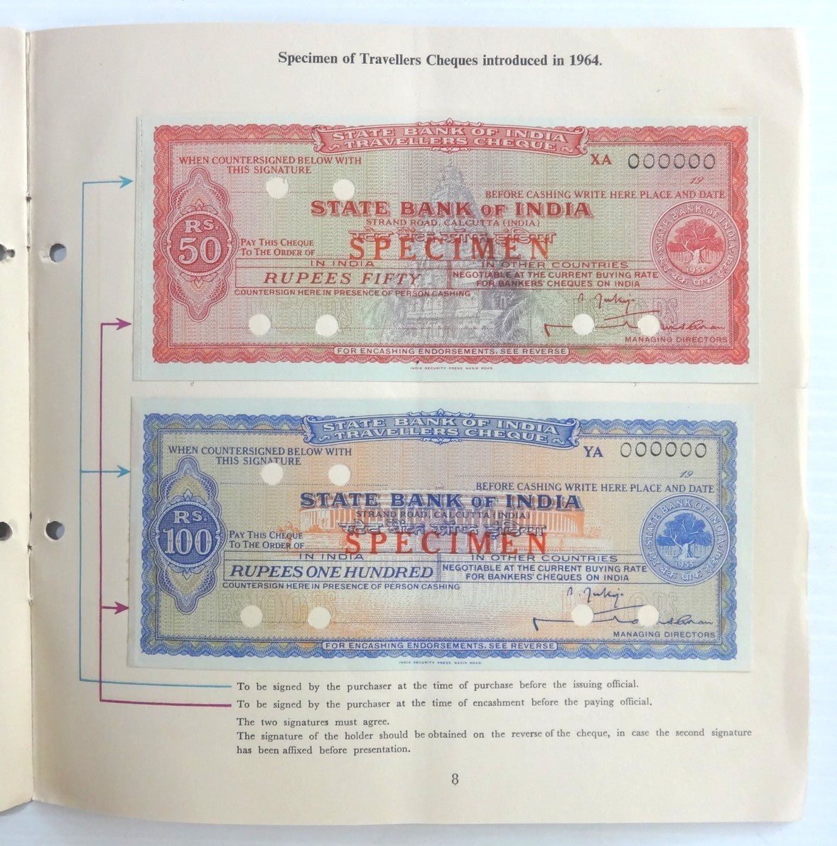 State Bank of India 1964 SPECIMEN Cheques (4) in folder