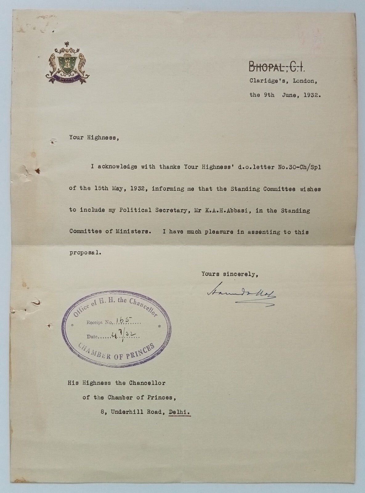 BHOPAL STATE India 1932 multicolour crested letter signed Nawab Hamidullah Khan