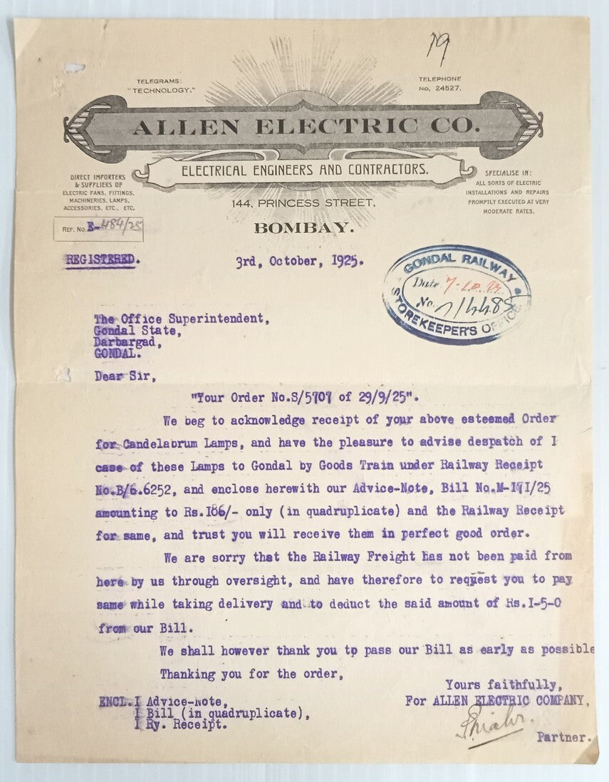 AOP Allen Electric Co. Bombay 1925 illustrated letterhead India