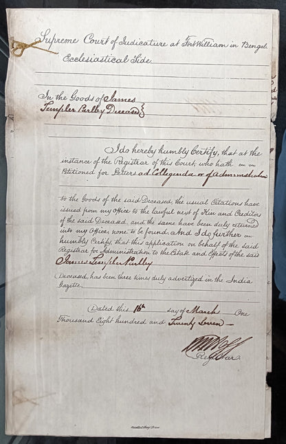 India King George IV 1827 Fort William, Calcutta 2 page document