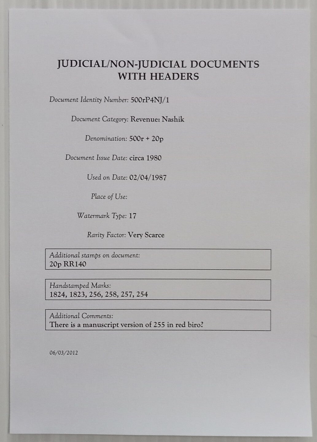 AOP India Capital 500R stamp paper Wmk Type 17