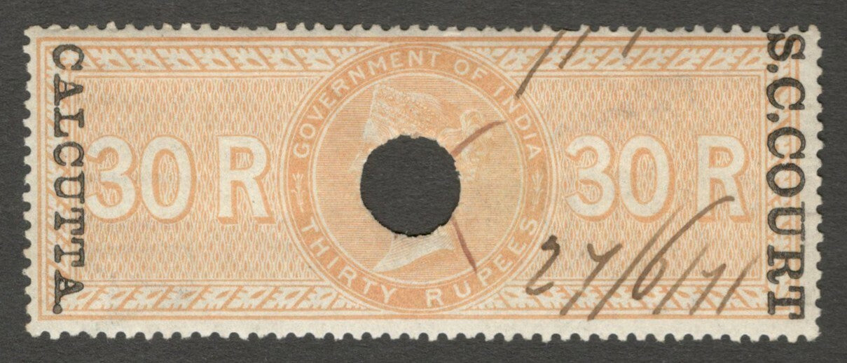 AOP India 1868-69 S C COURT CALCUTTA ovpt on SPECIAL ADHESIVE 30R used. Bft 63