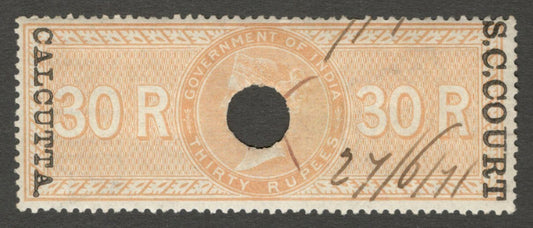 AOP India 1868-69 S C COURT CALCUTTA ovpt on SPECIAL ADHESIVE 30R used. Bft 63
