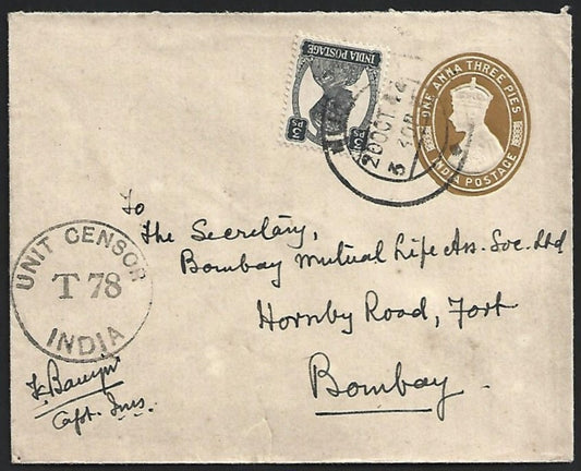 India WW2 1942 Military cover UNIT CENSOR T 78