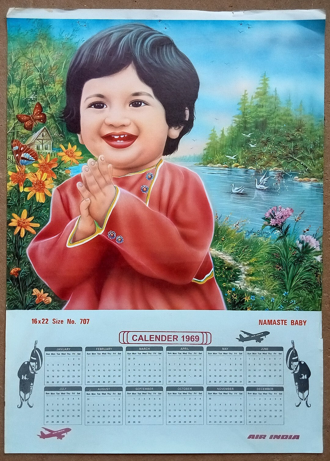 AIR INDIA 1969 poster calender 707 - NAMESTE BABY - R