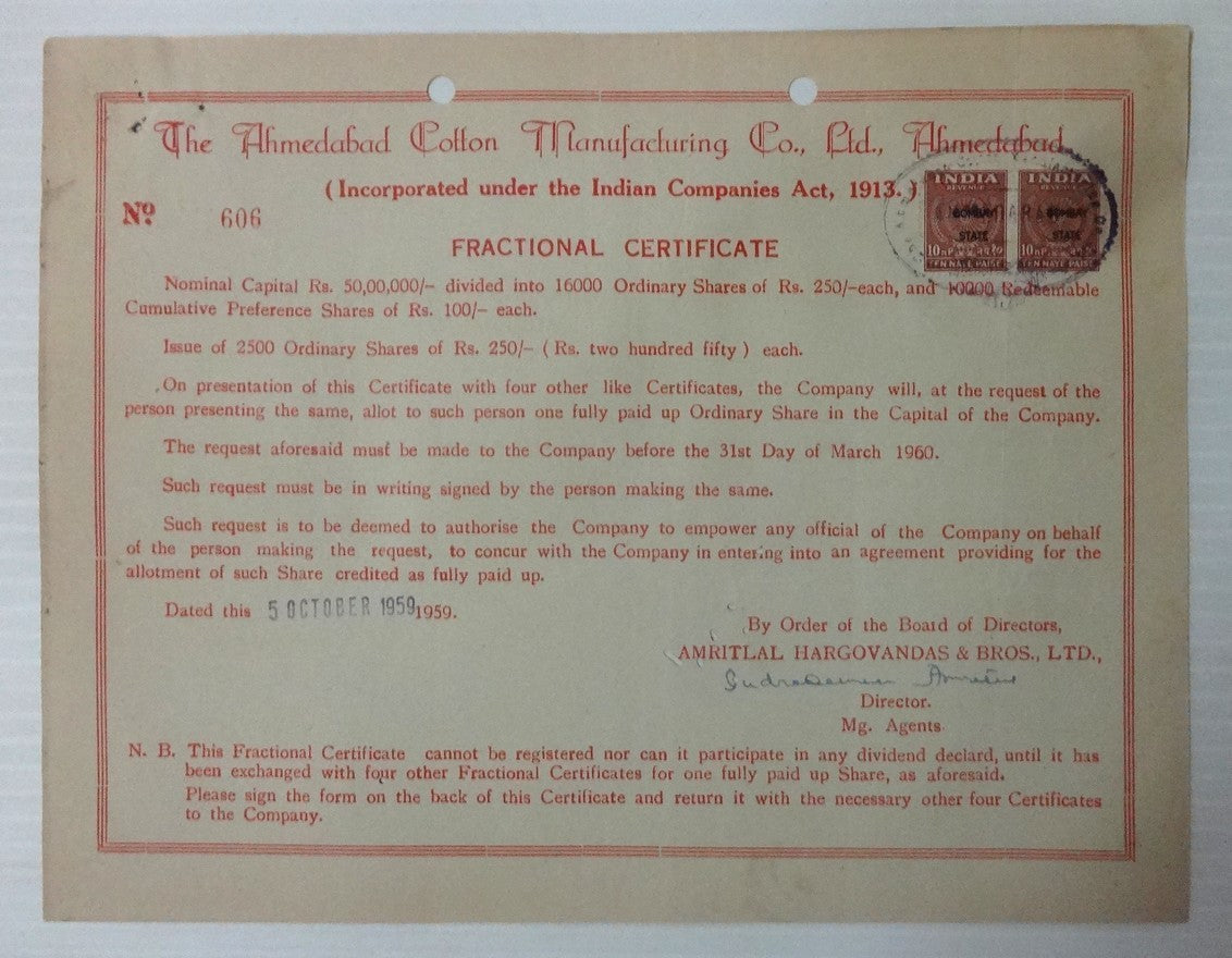 India 1959 Ahmedabad Cotton MFG fractional certificate