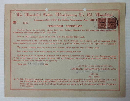 India 1959 Ahmedabad Cotton MFG fractional certificate