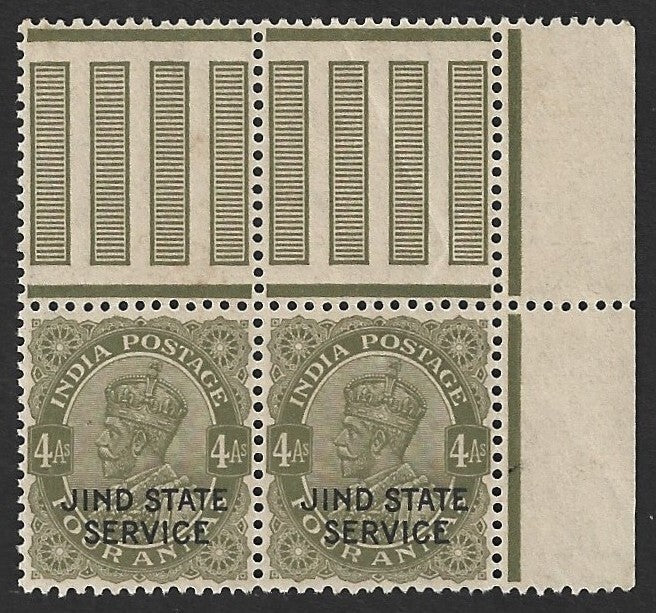 India Jind State KGV 1934 Official 4a sage green pair MNH. SG O65 £24