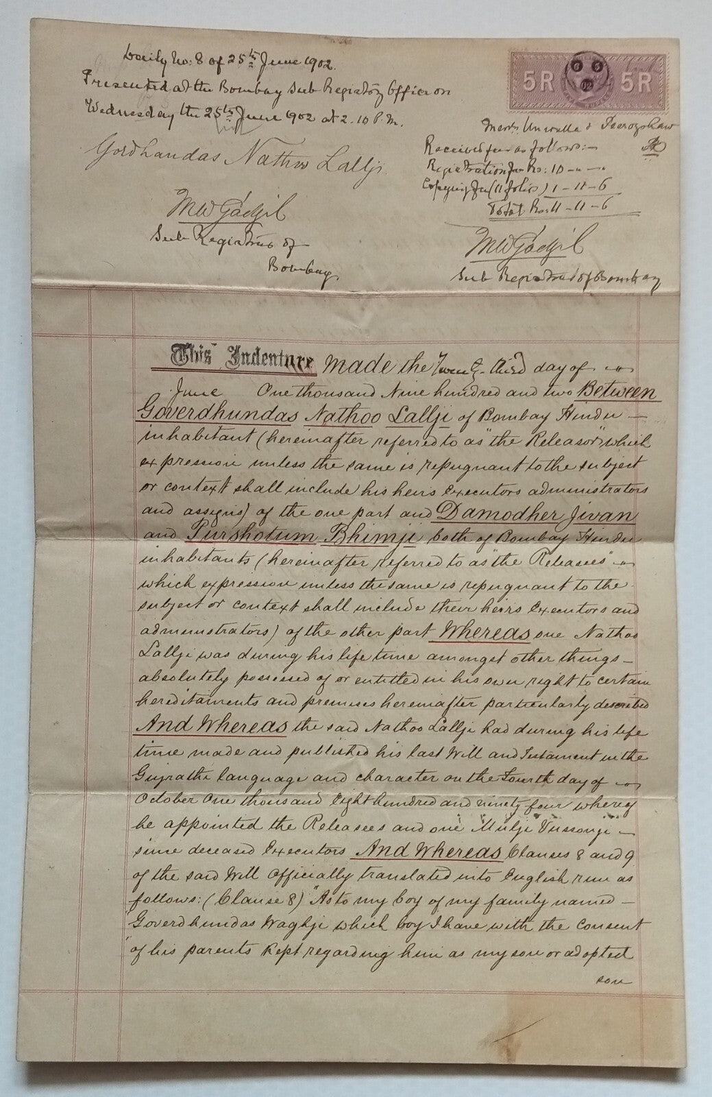 AOP India QV Queen Victoria 1868 Special Adhesive 5R on 1902 indenture 4 pgs