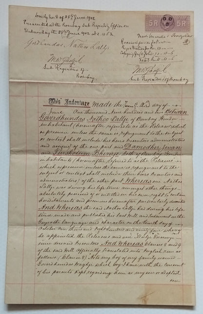 AOP India QV Queen Victoria 1868 Special Adhesive 5R on 1902 indenture 4 pgs