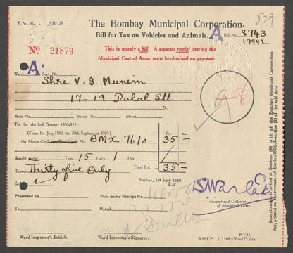 AOP India 1950 2nd Q Bombay Municipal Corp BILL FOR TAX ON VEHICLES AND ANIMALS