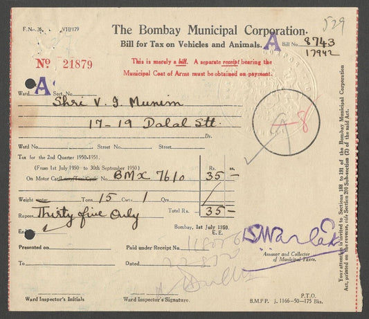 AOP India 1950 2nd Q Bombay Municipal Corp BILL FOR TAX ON VEHICLES AND ANIMALS