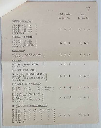 AOP 1938 India John Dickinson & Co. Bombay Paper Stock & Price List