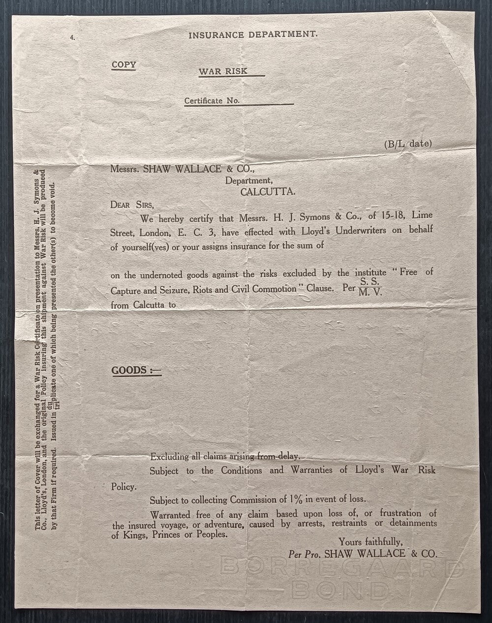 India WW2 1940-42 WAR RISKS (GOODS) INSURANCE ORDINANCE documents