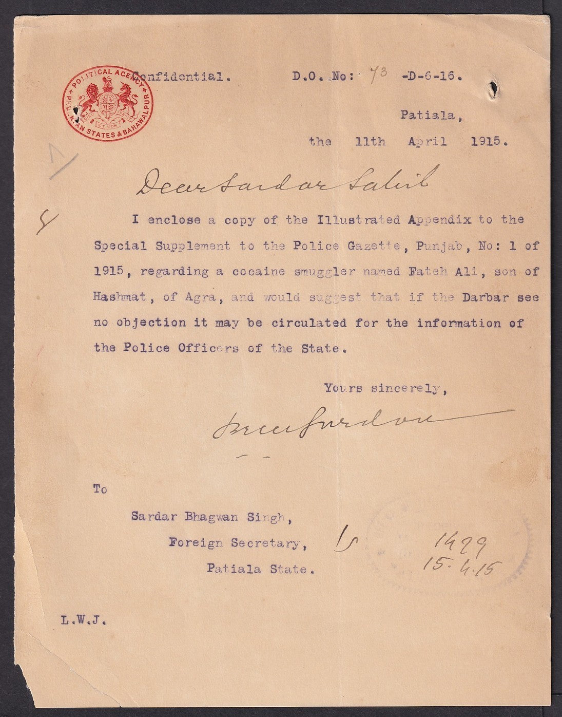 India 1915 crested letter re: Fateh Ali, Cocaine smuggler