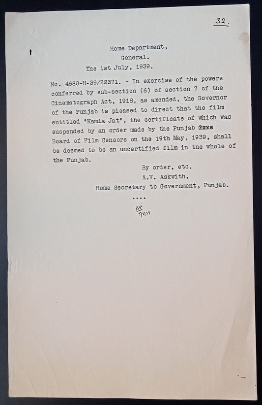 India 1939 Official Order BANNING the movie KAMLA JAT in Punjab