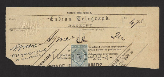 India 1877 Service Telegrph receipt with 1Re & GOVERNMENT OF INDIA embossing