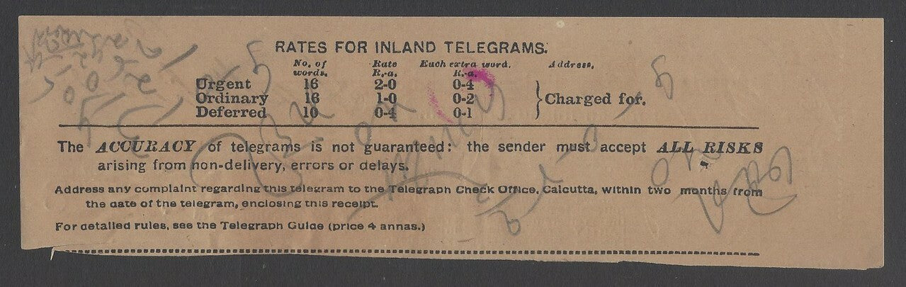 AOPIMT India 1908 telegraph receipt wi intalgio J hs 