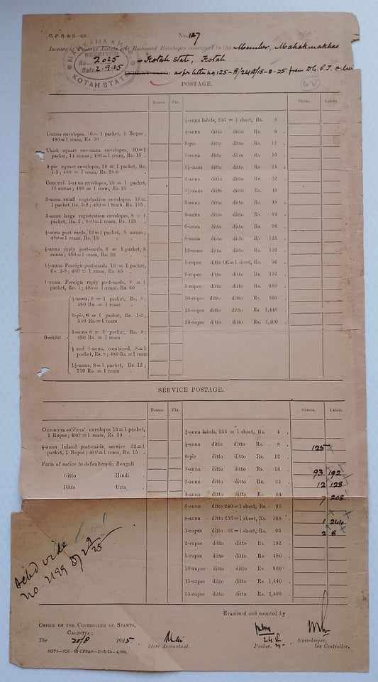 AOP India Official correspondence :Supply of Service stamps to KOTAH STATE