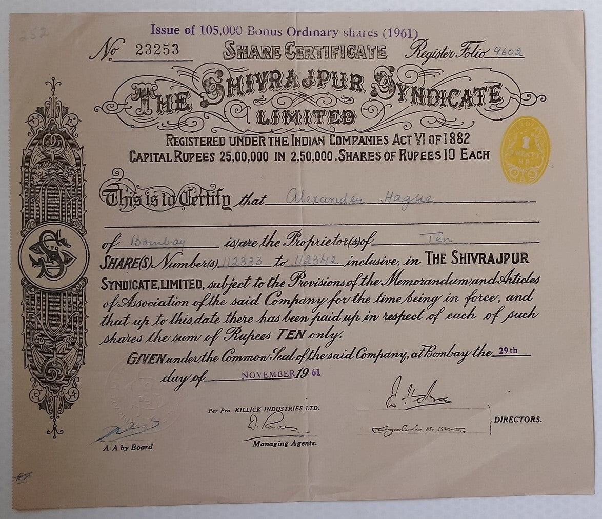 (AOP) India share certificate - 1961 THE SHIVRAJPUR SYNDICATE LTD.