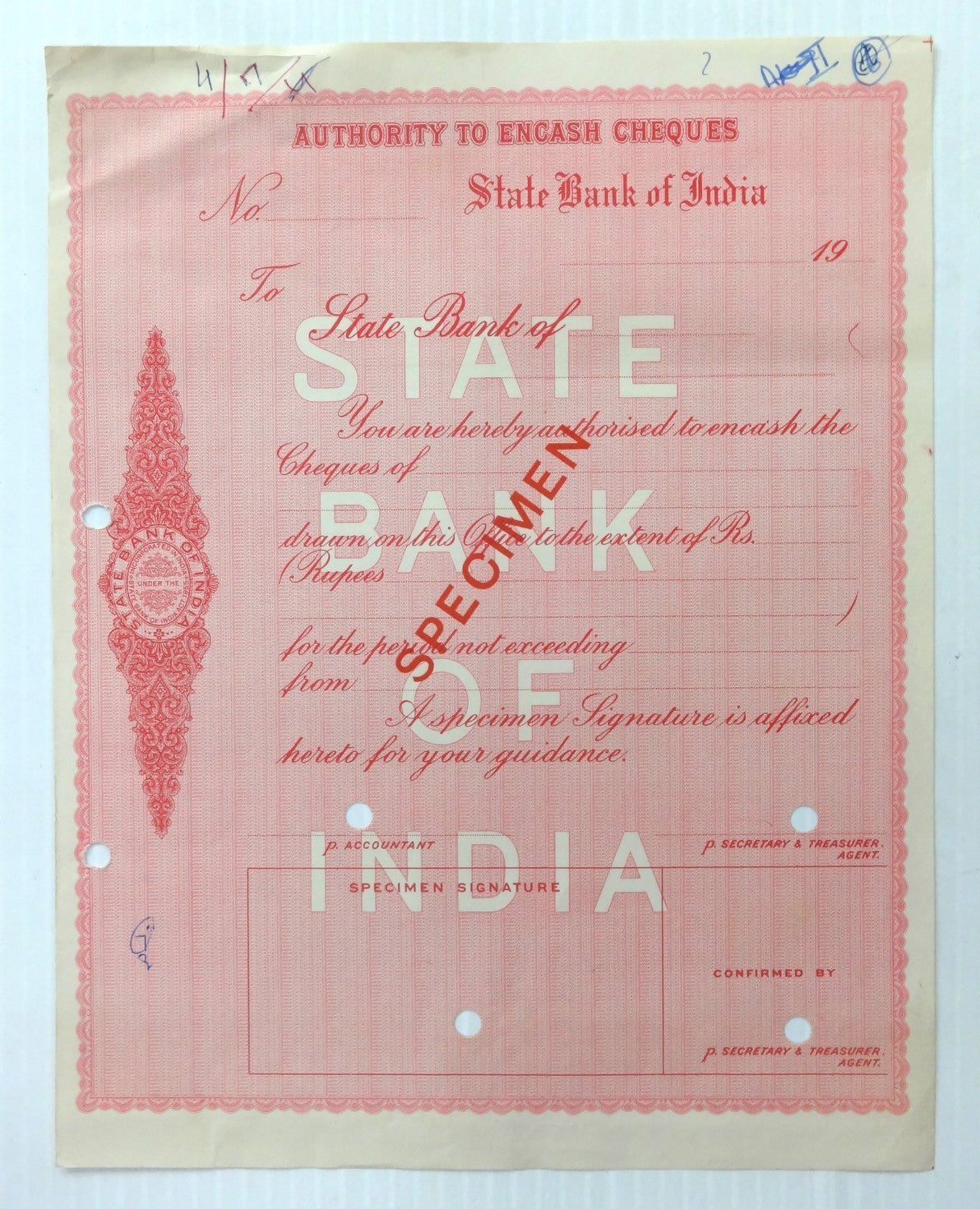 State Bank of Saurashtra India Authority to Encash Cheques SPECIMEN x
