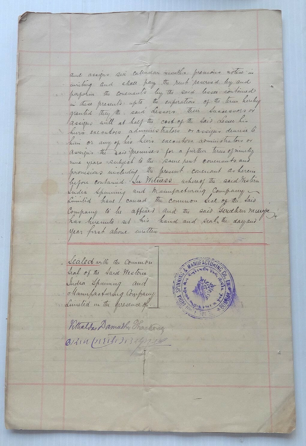 India 1905 indenture signed Sir Vithaldas Thakersay