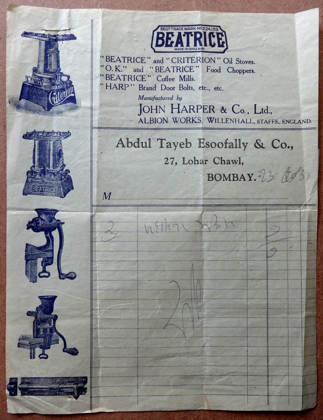 India 1934 illutrated advertisement billheaad BEATRICE GAS STOVES