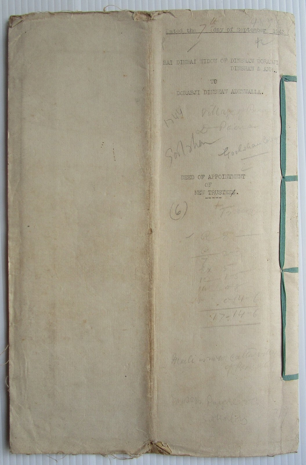 India 1943 Deed of Appointment document with Special Adhesive KGV 20R